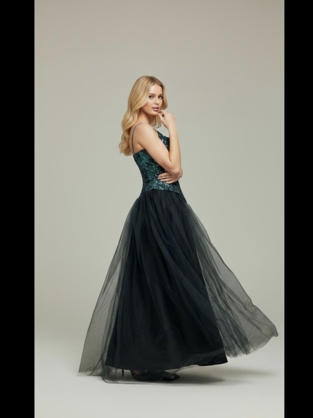 Vintage 90s Bari Jay Sequin Tulle Ball Gown Teal Black Prom Formal Dress Sz 3/4 - Picture 3 of 14